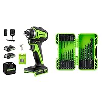 Greenworks 24V Brushless Cordless Impact Driver Kit, Batteries and Charger Included, with 21-Piece Black Oxide Drilling Bit Set