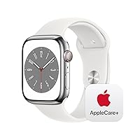 Apple Watch Series 8 [GPS + Cellular 45mm] Smart Watch w/ Silver Stainless Steel Case with White Sport Band - M/L with AppleCare+ (2 Years)