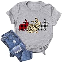 Easter Day Shirts Womens Bunny Eggs Plaid Leopard Printed T-Shirt Short Sleeve Graphic Tees Tops