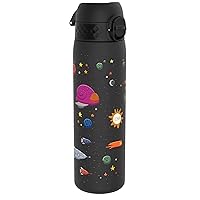 Ion8 Water Bottle, 500 ml/18 oz, Leak Proof, Easy to Open, Secure Lock, Dishwasher Safe, BPA Free, Hygienic Flip Cover, Carry Handle, Easy Clean, Odor Free, Carbon Neutral, Black, Spaceships Design