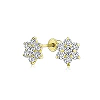 Tiny Minimalist AAA Gemstone CZ Birthstone Colors Cluster Open Flower Yellow 14K Real Gold Stud Earrings For Women Teen Secure Screw back
