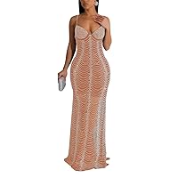 Women's Elegant Sparkling Rhinestone Dress Sexy Spaghetti Straps Low Cut Mesh See Through Club Outfits Night Out Dress