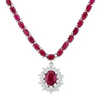 28.04 Carat Natural Red Ruby and Diamond (F-G Color, VS1-VS2 Clarity) 14K White Gold Luxury Necklace for Women Exclusively Handcrafted in USA