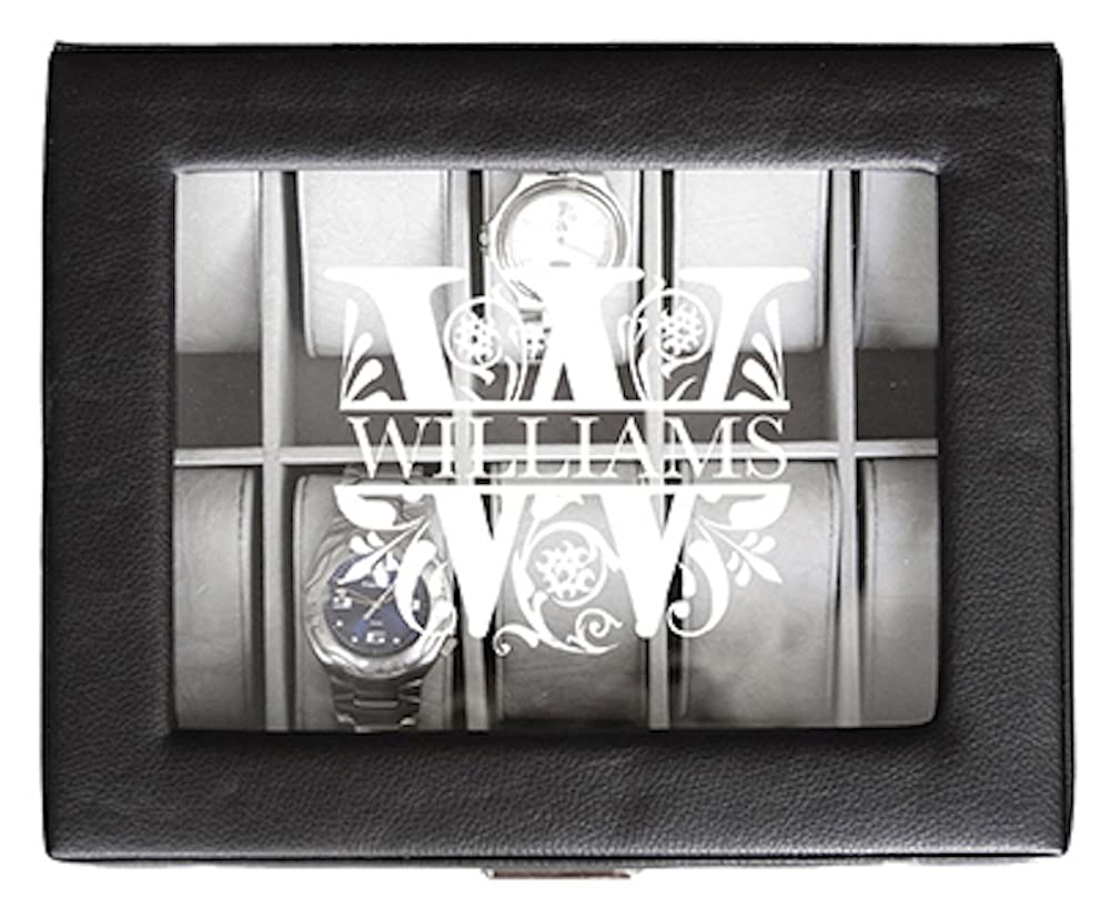 Personalized Engraved 10 Slot Watch Box Jewelry Organizer for Men (Filigree Monogram Design)