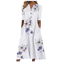 Women's Summer Dresses 2022 Fashion Casual Butterfly Floral Print Midi Dress Casual V Neck Button Pocket Long Dress