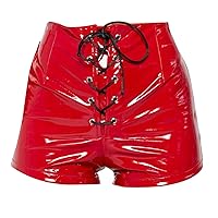 Women Faux Pu Leather Shorts Lace Up Red Black High Waist Shorts Female Sexy Bandage Mini Lady Leather Shorts