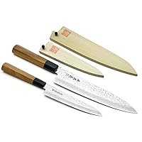 Yoshihiro 46 Layers Hammered Damascus Gyuto Chef Knife and Petty Utility Knife SET (Gyuto 8.25'' (210mm) & Petty 6'' (150mm), Ambrosia Handle)