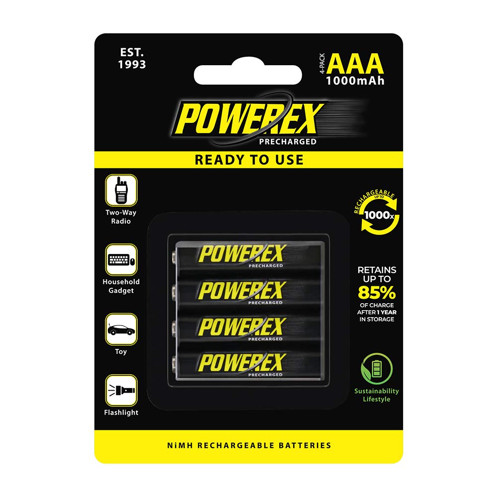 Powerex Precharged Rechargeable AAA NiMH Batteries (1.2V, 1000mAh, Low Self-Discharge) - 4-Pack