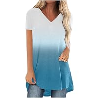 Womens V Neck Tunic Tops 2024 Fashion Gradient Tshirts Summer Loose Casual Hide Belly Short Sleeve Blouses Pullover Tees