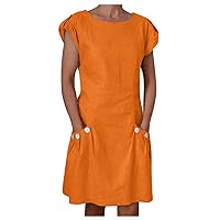 Mini Pocket Women Casual Dress Sleeve Loose Dress Solid Neck Button Short Round Women's Dress Tie Waist Dress