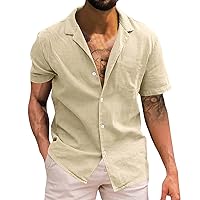 Mens Button Down Shirts Solid Relaxed-Fit Summer Tops Dress Linen Shirts Short Sleeve Casual Cotton Hawaiian Shirts