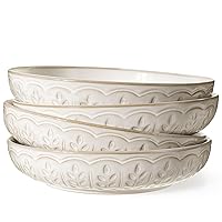 Artena Pasta Bowls, 50oz Large Salad Serving Bowls, 9.75'' Plates Bowls Set of 4, Big White Ceramic Soup Bowls for Kitchen, Embossment Shallow Dinner Bowl, Microwave Dishwasher Safe, Wheat Leaf