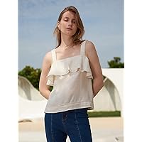 100% Linen Ruffle Cami Top (Color : Beige, Size : Small)