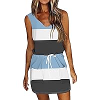 Beach Dresses for Petite Women Sundresses for Women 2024 Striped Print Casual Fashion Slim Fit with Waistband Short Sleeve V Neck Summer Dress Blue Medium