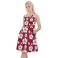 CowCow Womens Skater Dress with Pockets Knee Length Hibiscus Floral Summer Print Swing V-Neck Dress, XS-5XL