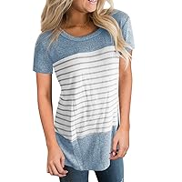 Womens Summer Short Sleeve Round Neck T Shirts Color Block Striped Causal Blouses Tops
