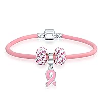 Bling Jewelry Empowerment in Pink: Support Breast Cancer Survivor Crystal Pink Ribbon Charm Bracelet for Women- Genuine Pink Leather Band .925 Sterling Silver Barrel Clasp - Available in 6, 7, 8 Inch