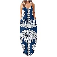 Women's Summer Sun Dresses Long Spaghetti Strap Sleeveless Floral Casual Maxi Dress with Pockets, S-5XL