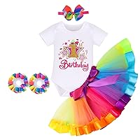 IBAKOM Baby Girl 1st Birthday Outfit Short Sleeve Romper + Rainbow Princess Tulle Tutu + Bowknot Headband 3PCS Clothes Set