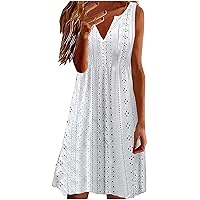 Prime of Day Deals Today 2024 Clearance Women's Summer Casual Tank Dress V Neck Eyelet Mini Dresses Flowy Loose Fit Sleeveless Short Dresses Beach Cover Up Robe Demoiselle D'Honneur White