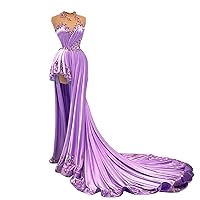 Purple Crystals Satin Mermaid Halter Neck Prom Party Evening Dress Shower Celebrity Pageant Gown
