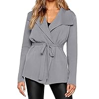 Womens Lapel Trench Coat,Autumn New Solid Belted Windbreaker Chic Basic Casual Jacket Thin Coat