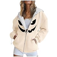 Halloween Women Zip Up Sweatshirt Jacket Oversized Graphic Workout Hoodies 2023 Casual Fall Winter Clothes