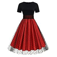 Women's 50s 60s Retro Dress Sheer Mesh Polka Dot Short Sleeve Round Neck A-Line Dress Swing Cocktail Party Tea Dress