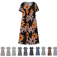 Summer Floral Printed Casual Dress, Boho Crewneck Short Sleeve Swing Midi Dresses, Beach Sundress with Pocket