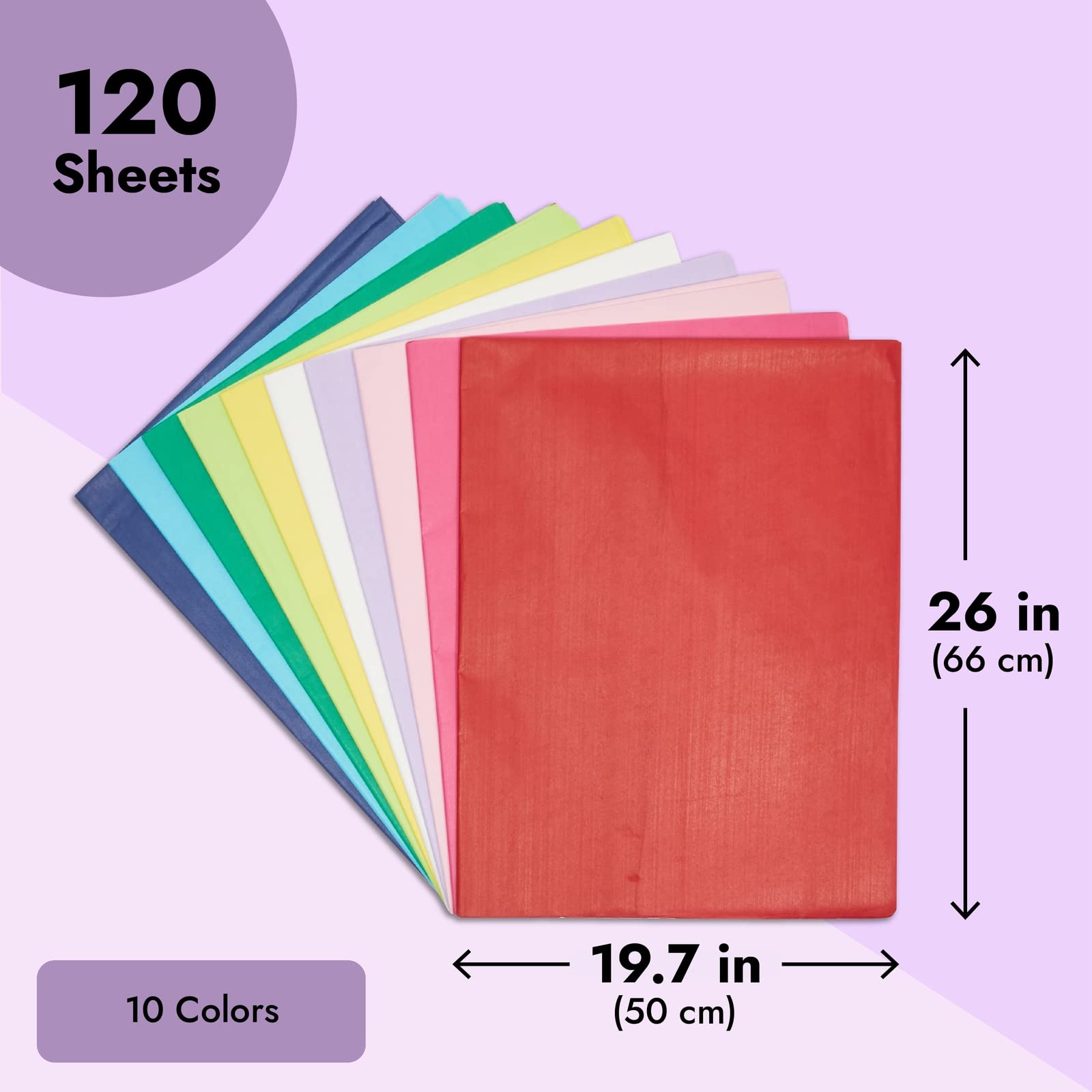120-Sheets 20x26 in Tissue Paper for Gift Bags, Wrapping, 10 Assorted Colors, Bulk Pack for DIY Arts and Crafts, Packaging, Party Décor, Multicolor Gift Wrap Tissue