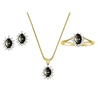 Diamond & Black Star Sapphire Set - Ring, Earring & Pendant Necklace se in 14K Yellow Gold Plated