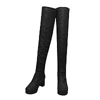 Women's Denim Long Boots Thigh High Chunky Heel Over The Knee Jeans Boots Stylish Mid Heels Back Zip Shoes Black, Size 11.5