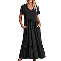 Flowy Summer Dress for Women, Casual Summer Dresses for Women Sleeveless/Short Sleeve Tiered Maxi Sun Dresses Beach Swing Long Pocket T Shirt Dress