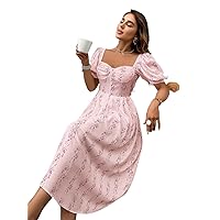 Dresses for Women Floral Print Sweetheart Neck Puff Sleeve Dress
