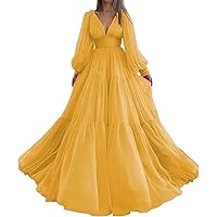 Long Puffy Sleeve Prom Dresses for Women V-Neck Tulle Ball Gown Cocktail Formal Evening Party Dress