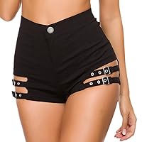 FYMNSI Women's Black High Waisted Gothic Punk Dance Shorts Slim Bodycon Hot Shorts Faux Leather Jeans Shorts for Casual Club
