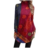 Women Blouses Dressy Casual Button Turtle Neck T Shirt Loose Fit Floral Tunics Long Sleeve Retro Graphic Tops