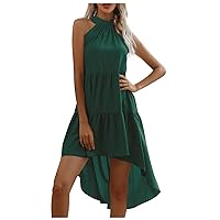 Women's Prom Dresses 2024 Fashion Solid Neck Frenulum Tank Top Sleeveless Pleated Dress Spring, S-XL