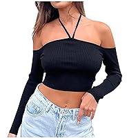 Womens Ribbed Knit Off Shoulder Halter Crop Tops Summer Long Sleeve Backless Sexy Fashion Casual T-Shirts for Party