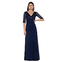 Betsy & Adam Women's Long 3/4 Sleeve V-Neck Lace and Sheer Matte Jersey Gown
