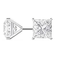 14k White Gold Princess Cut Diamond Stud Earrings | Martini Setting | 2 Carats
