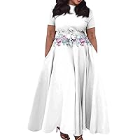 Women's Wrap Crew Neck Plus Size Maxi Dresses Short Sleeves Chain Floral Printed Swing Dress with Belt Summer Dresses for Women 2024 Vacation Trendy A Line Maxi Dresses