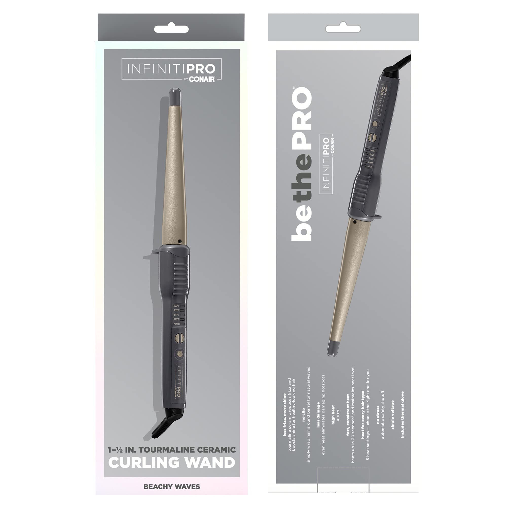 INFINITIPRO BY CONAIR Tourmaline Ceramic 1-Inch to 1/2-Inch Curling Wand, Tapered wand produces beachy waves
