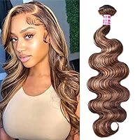UNice Honey Blonde Highlight Body Wave Human Hair Weave 1 bundle 28 inch, Brazilian Remy Hair Dark Root Ombre Blonde Human Hair Extensions for Sew In TL412 Color