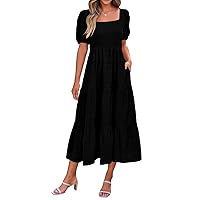 PRETTYGARDEN Women's Summer Dresses 2024 Puff Sleeve Square Neck High Waist Smocked A-Line Flowy Loose Fit Midi Dress