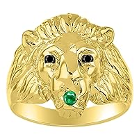 Rylos Mens Rings 14K Yellow Gold Lion Head Ring Genuine Black Diamonds Eyes & Gemstone Colorstone in Mouth Fun Designer Rings For Men Men's Rings Gold Rings Sizes 6,7,8,9,10,11,12,13 Mens Jewelry
