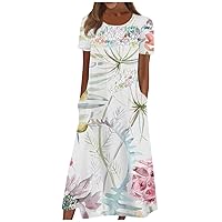 Dresses for Women 2023 Casual Oversized Floral Boho Beach T Shirt Dress Short Sleeve Midi Dresses with Pocket S-3XL