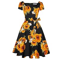 Girstunm Women's Classic Tea Dress Short Sleeve Swing Cocktail Party Dresses with Pockets