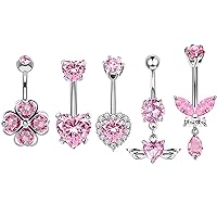 TIANCI FBYJS Surgical Stainless Steel Dangle Belly Button Rings Piercing for Women Belly Ring Dangling Jewelry with Heart Flower Butterfly Pink 14G