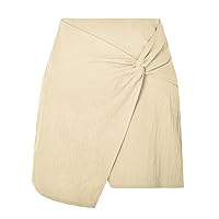 Womens Twist Front Mini Skirt Cotton Linen Solid Color Skort, Ladies Sexy Pencil Skirts Fashion Stretchy High Waisted Skirt